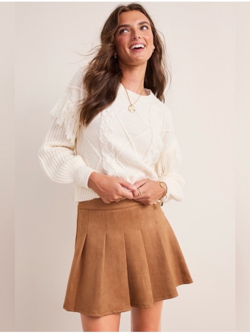 “Suede” Pleated Mini Skirt in Camel, Like New!